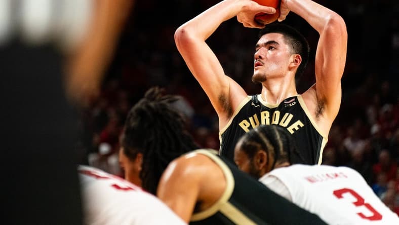 Jan 9, 2024; Lincoln, Nebraska, USA; Purdue Boilermakers center Zach Edey (15) shoots a free throw against the Nebraska Cornhuskers during the second half at Pinnacle Bank Arena. Mandatory Credit: Dylan Widger-USA TODAY Sports