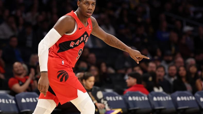 Jan 9, 2024; Los Angeles, California, USA; Toronto Raptors guard RJ Barrett (9) reacts after making a basket during the third quarter against the Los Angeles Lakers at Crypto.com Arena. Mandatory Credit: Kiyoshi Mio-USA TODAY Sports