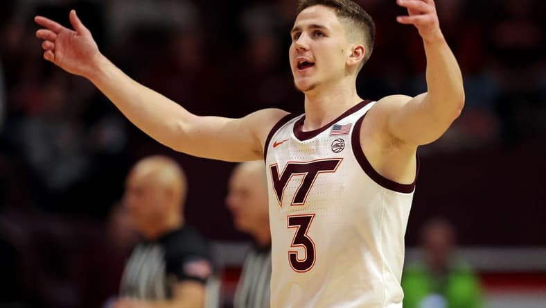 Jan 10, 2024; Blacksburg, Virginia, USA; Virginia Tech Hokies guard Sean Pedulla (3) waves to the crowd during the first half against the Clemson Tigers at Cassell Coliseum. Mandatory Credit: Peter Casey-USA TODAY Sports