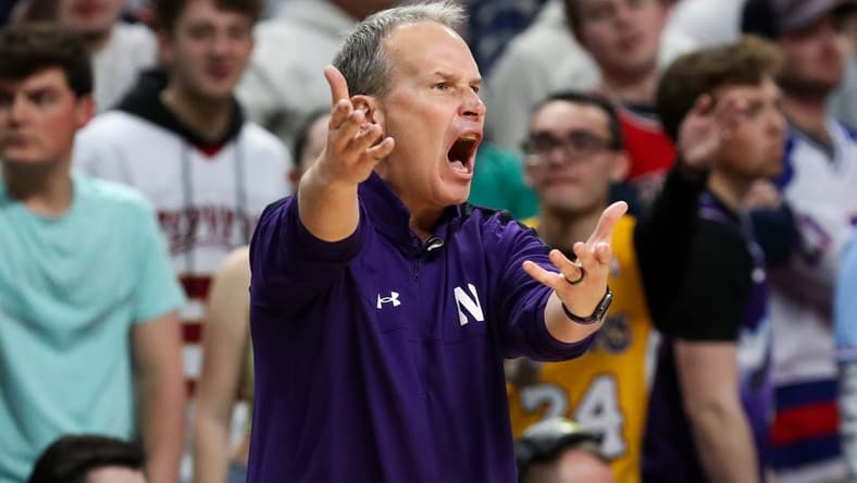 Jan 10, 2024; University Park, Pennsylvania, USA; Northwestern Wildcats head coach Chris Collins argues a call from the bench during the first half against the Penn State Nittany Lions at Bryce Jordan Center. Mandatory Credit: Matthew O'Haren-USA TODAY Sports