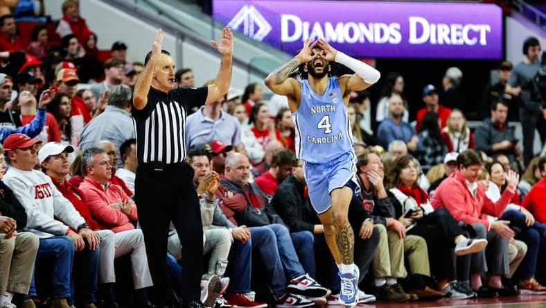 Jan 10, 2024; Raleigh, North Carolina, USA; North Carolina Tar Heels guard RJ Davis (4) reacts after scoring during the second half against North Carolina State Wolfpack at PNC Arena. Mandatory Credit: Jaylynn Nash-USA TODAY Sports