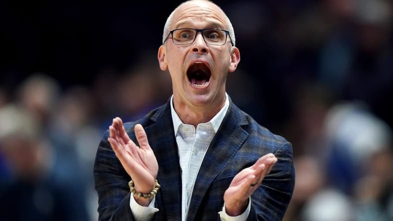 Connecticut Huskies head coach Dan Hurley encourages the team in the first half of a college basketball game between the Connecticut Huskies and the Xavier Musketeers, Wednesday, Jan. 10, 2024, at Cintas Cetner in Cincinnati.