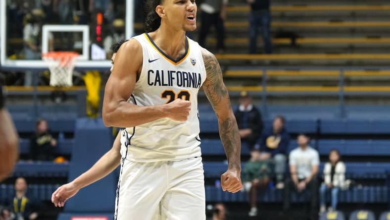 Jan 10, 2024; Berkeley, California, USA; California Golden Bears guard Jaylon Tyson (20) gestures towards the bench during the second half against the Colorado Buffaloes at Haas Pavilion. Mandatory Credit: Darren Yamashita-USA TODAY Sports