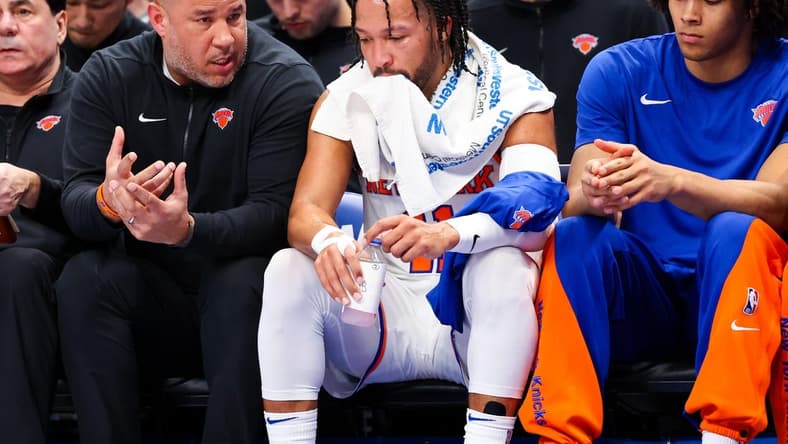 Jan 11, 2024; Dallas, Texas, USA; New York Knicks guard Jalen Brunson (11) reacts on the bench during the first half against the Dallas Mavericks at American Airlines Center. Mandatory Credit: Kevin Jairaj-USA TODAY Sports