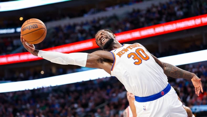 Jan 11, 2024; Dallas, Texas, USA; New York Knicks forward Julius Randle (30) grabs a rebound during the first half against the Dallas Mavericks at American Airlines Center. Mandatory Credit: Kevin Jairaj-USA TODAY Sports