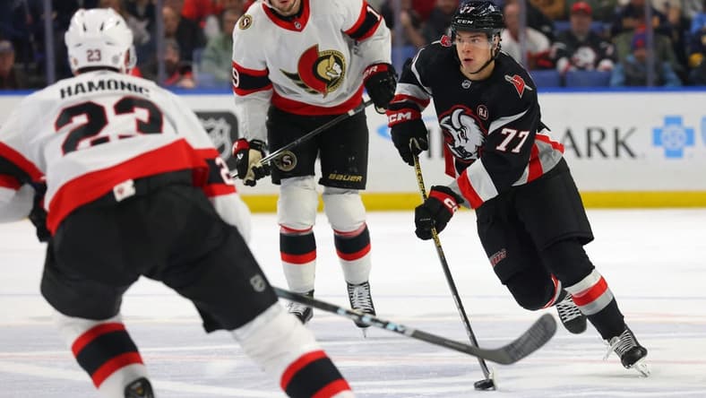 Jan 11, 2024; Buffalo, New York, USA; Buffalo Sabres right wing JJ Peterka (77) looks to make a pass during the third period against the Ottawa Senators at KeyBank Center. Mandatory Credit: Timothy T. Ludwig-USA TODAY Sports