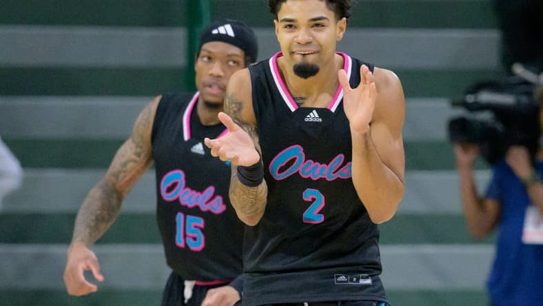 Jan 11, 2024; New Orleans, Louisiana, USA; Florida Atlantic Owls guard Nicholas Boyd (2) reacts after making a three point basket against the Tulane Green Wave during the first half at Avron B. Fogelman Arena in Devlin Fieldhouse. Mandatory Credit: Matthew Hinton-USA TODAY Sports