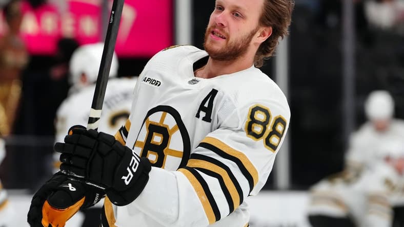 Jan 11, 2024; Las Vegas, Nevada, USA; Boston Bruins right wing David Pastrnak (88) warms up before a game against the Vegas Golden Knights at T-Mobile Arena. Mandatory Credit: Stephen R. Sylvanie-USA TODAY Sports