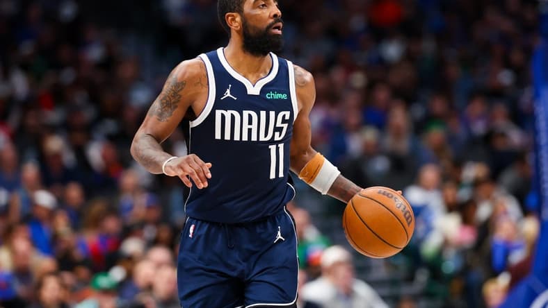 Jan 11, 2024; Dallas, Texas, USA; Dallas Mavericks guard Kyrie Irving (11) dribbles during the second half against the New York Knicks at American Airlines Center. Mandatory Credit: Kevin Jairaj-USA TODAY Sports