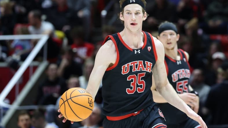 Jan 11, 2024; Salt Lake City, Utah, USA; Utah Utes center Branden Carlson (35) brings the ball up the court against the UCLA Bruins during the second half at Jon M. Huntsman Center. Mandatory Credit: Rob Gray-USA TODAY Sports