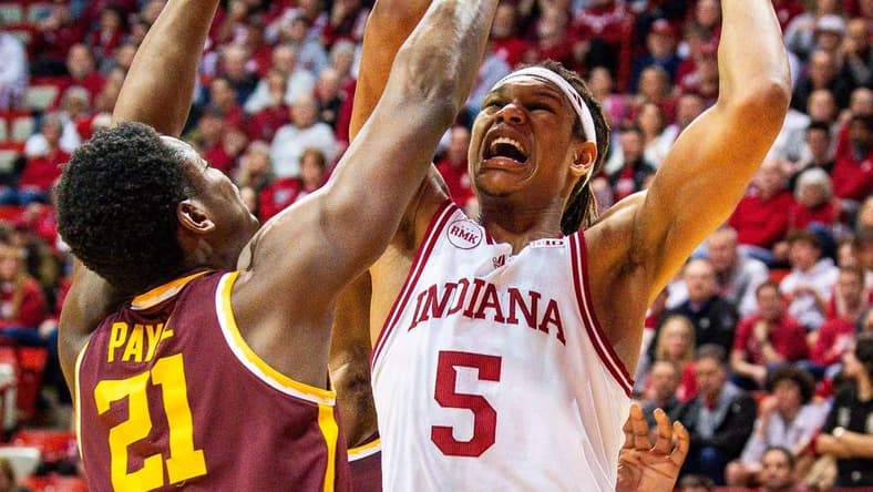 Indiana's Malik Reneau (5) shoots over Minnesota's Pharrel Payne (21) during the Indiana versus Minnesota men's basketball game at Simon Skjodt Assembly Hall on Friday, Jan. 12, 2024.