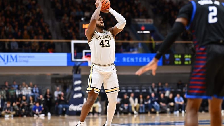 Jan 12, 2024; Villanova, Pennsylvania, USA; Villanova Wildcats forward Eric Dixon (43) shoots against the Depaul Blue Demons in the first half at William B. Finneran Pavilion. Mandatory Credit: Kyle Ross-USA TODAY Sports