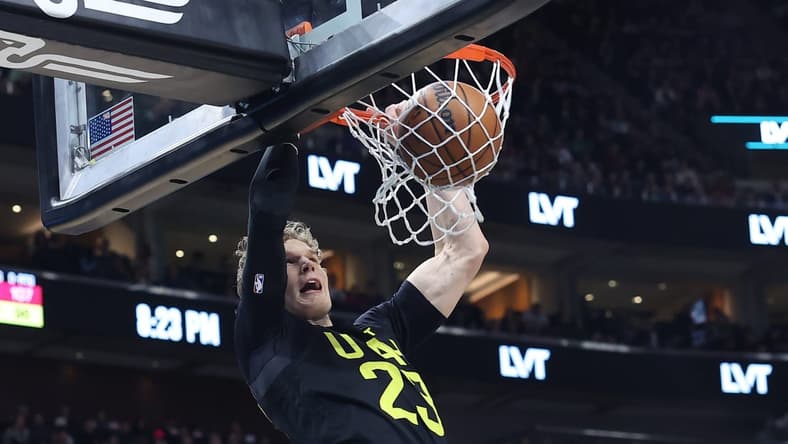 Jan 12, 2024; Salt Lake City, Utah, USA; Utah Jazz forward Lauri Markkanen (23) dunks the ball against the Toronto Raptors during the second quarter at Delta Center. Mandatory Credit: Rob Gray-USA TODAY Sports