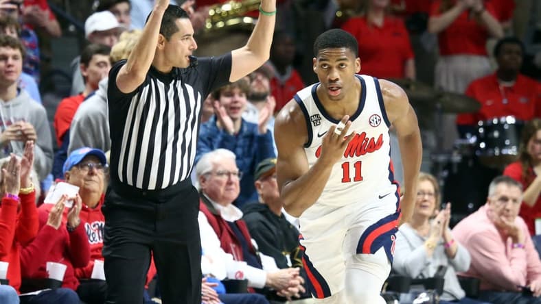 Jan 13, 2024; Oxford, Mississippi, USA; Mississippi Rebels guard Matthew Murrell (11) reacts after a three point basket against the Vanderbilt Commodores during the first half at The Sandy and John Black Pavilion at Ole Miss. Mandatory Credit: Petre Thomas-USA TODAY Sports