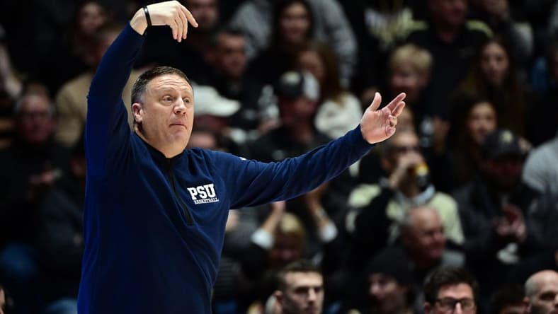Jan 13, 2024; West Lafayette, Indiana, USA; Penn State Nittany Lions head coach Mike Rhoades reacts during the first half against the Purdue Boilermakers at Mackey Arena. Mandatory Credit: Marc Lebryk-USA TODAY Sports