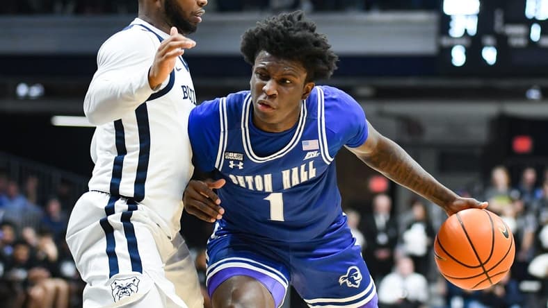 Jan 13, 2024; Indianapolis, Indiana, USA; Seton Hall Pirates guard Kadary Richmond (1) dribbles the ball against Butler Bulldogs guard Posh Alexander (left) during the first half at Hinkle Fieldhouse. Mandatory Credit: Robert Goddin-USA TODAY Sports