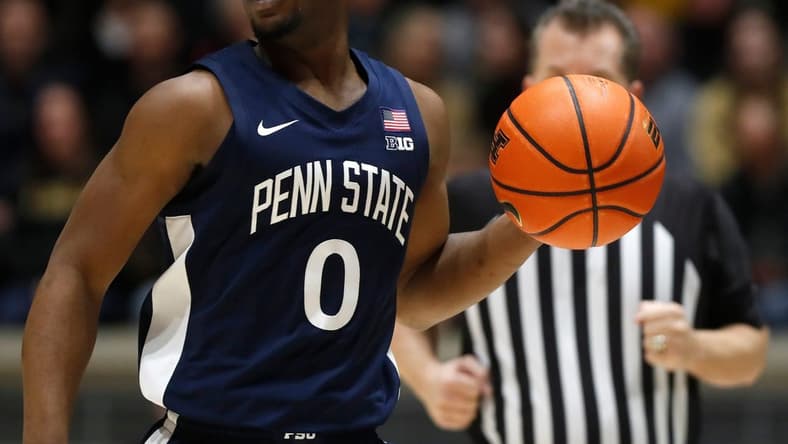 Penn State Nittany Lions guard Kanye Clary (0) drives to the basket during the NCAA men   s basketball game against the Purdue Boilermakers, Saturday, Jan. 13, 2024, at Mackey Arena in West Lafayette, Ind.