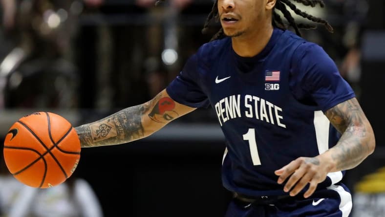 Penn State Nittany Lions guard Ace Baldwin Jr. (1) drives to the basket during the NCAA men   s basketball game against the Purdue Boilermakers, Saturday, Jan. 13, 2024, at Mackey Arena in West Lafayette, Ind.
