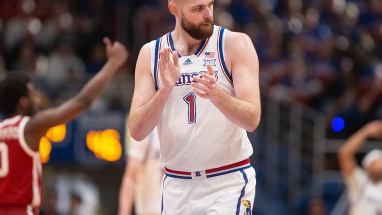 Kansas senior center Hunter Dickinson (1) reacts after a call against Oklahoma in the second half of the game Saturday, Jan. 13, 2024, inside Allen Fieldhouse.