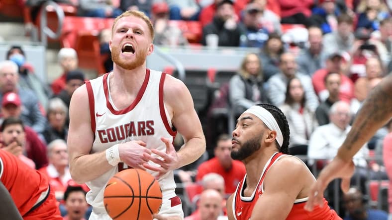 Jan 13, 2024; Pullman, Washington, USA; Arizona Wildcats guard Kylan Boswell (4) strips the ball away from Washington State Cougars guard Jabe Mullins (3) in the first half at Friel Court at Beasley Coliseum. Mandatory Credit: James Snook-USA TODAY Sports