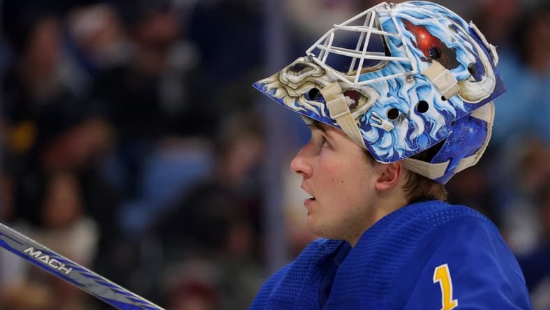 Jan 13, 2024; Buffalo, New York, USA; Buffalo Sabres goaltender Ukko-Pekka Luukkonen (1) during a stoppage in play against the Vancouver Canucks during the third period at KeyBank Center. Mandatory Credit: Timothy T. Ludwig-USA TODAY Sports