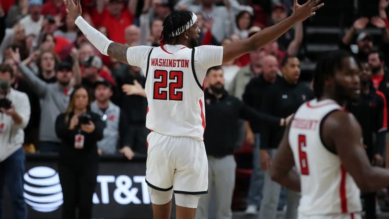 Jan 13, 2024; Lubbock, Texas, USA;  Texas Tech Red Raiders forward Warren Washington (22) reacts after the game against the Kansas State Wildcats at United Supermarkets Arena. Mandatory Credit: Michael C. Johnson-USA TODAY Sports