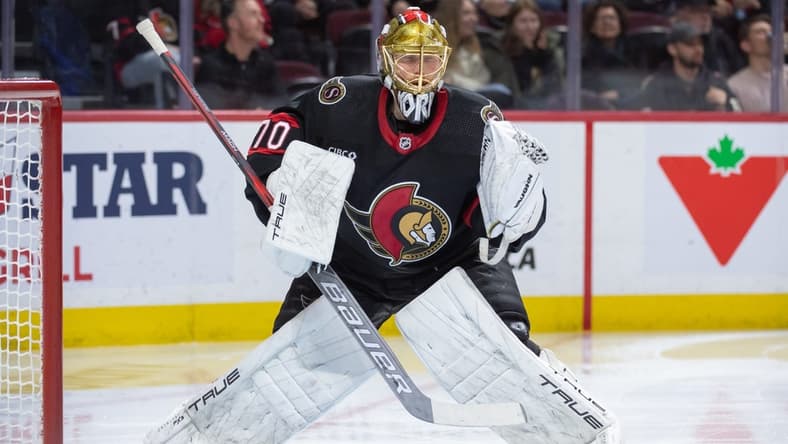Jan 13, 2024; Ottawa, Ontario, CAN; Ottawa Senators goalie Joonas Korpisalo (70) warms up prior to the start of the second period against the San Jose Sharks at the Canadian Tire Centre. Mandatory Credit: Marc DesRosiers-USA TODAY Sports
