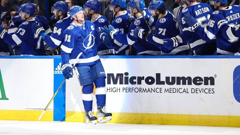 Jan 13, 2024; Tampa, Florida, USA; Tampa Bay Lightning center Steven Stamkos (91) celebrates after scoring a goal against the Anaheim Ducks in the second period at Amalie Arena. Mandatory Credit: Nathan Ray Seebeck-USA TODAY Sports