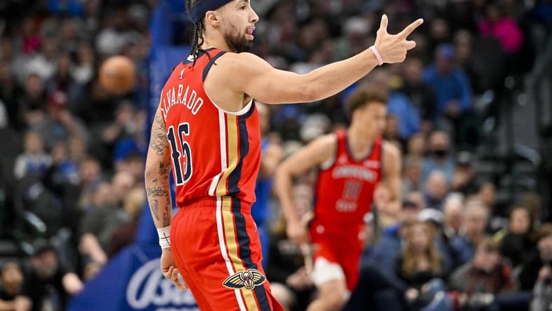 Jan 13, 2024; Dallas, Texas, USA; New Orleans Pelicans forward Larry Nance Jr. (22) celebrates making a three point basket against the Dallas Mavericks during the first quarter at the American Airlines Center. Mandatory Credit: Jerome Miron-USA TODAY Sports