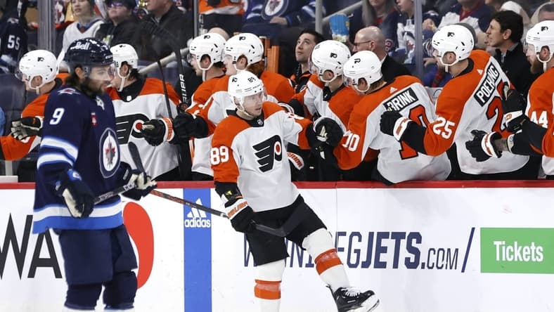 Jan 13, 2024; Winnipeg, Manitoba, CAN; Philadelphia Flyers right wing Cam Atkinson (89) celebrates his second period goal against the Winnipeg Jets at Canada Life Centre. Mandatory Credit: James Carey Lauder-USA TODAY Sports