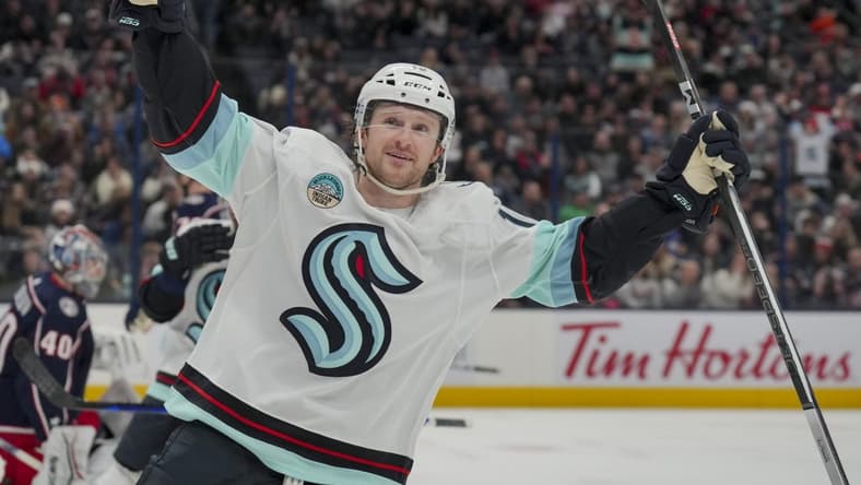 cJan 13, 2024; Columbus, Ohio, USA; Seattle Kraken left wing Jared McCann (19) celebrates after scoring a goal against the Columbus Blue Jackets in the third period at Nationwide Arena. Mandatory Credit: Aaron Doster-USA TODAY Sports