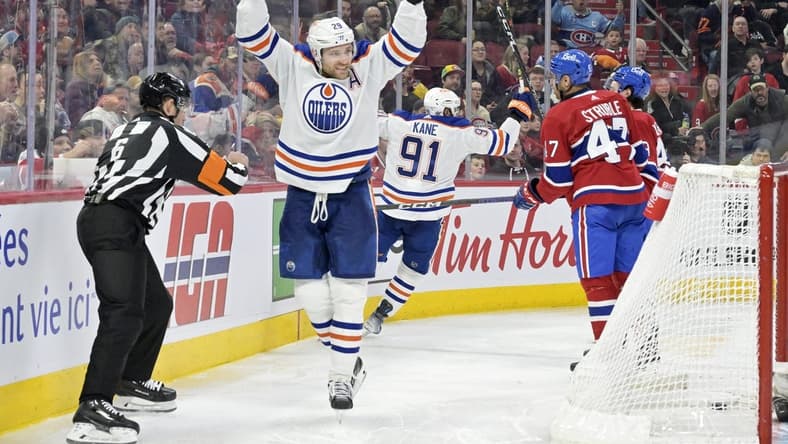 Jan 13, 2024; Montreal, Quebec, CAN; Edmonton Oilers forward Leon Draisaitl (29) celebrates after scoring a goal against the Montreal Canadiens during the third period at the Bell Centre. Mandatory Credit: Eric Bolte-USA TODAY Sports