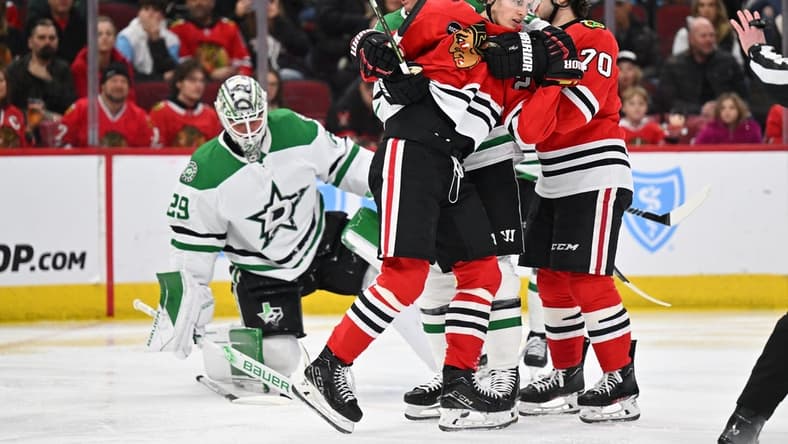 Jan 13, 2024; Chicago, Illinois, USA; Dallas Stars defenseman Ryan Suter (20) pulls Chicago Blackhawks forward Lukas Reichel (27) away from his goaltender in the third period at United Center. Mandatory Credit: Jamie Sabau-USA TODAY Sports