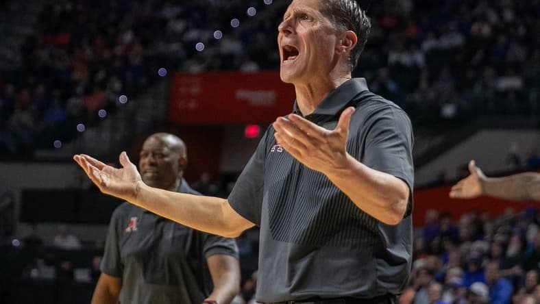 Arkansas head coach Eric Musselman protests a call during the first half of an NCAA basketball game against Florida in Gainesville, FL on Saturday, January 13, 2024. [Alan Youngblood/Gainesville Sun]