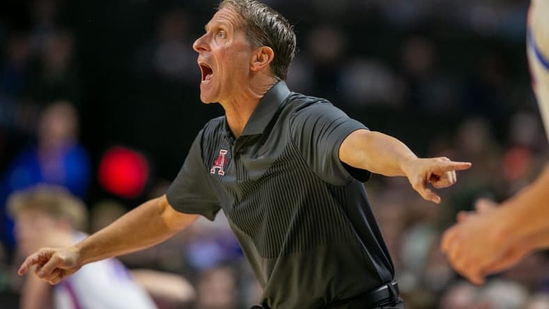 Arkansas head coach Eric Musselman hollers during the first half of an NCAA basketball game against Florida in Gainesville, FL on Saturday, January 13, 2024. [Alan Youngblood/Gainesville Sun]
