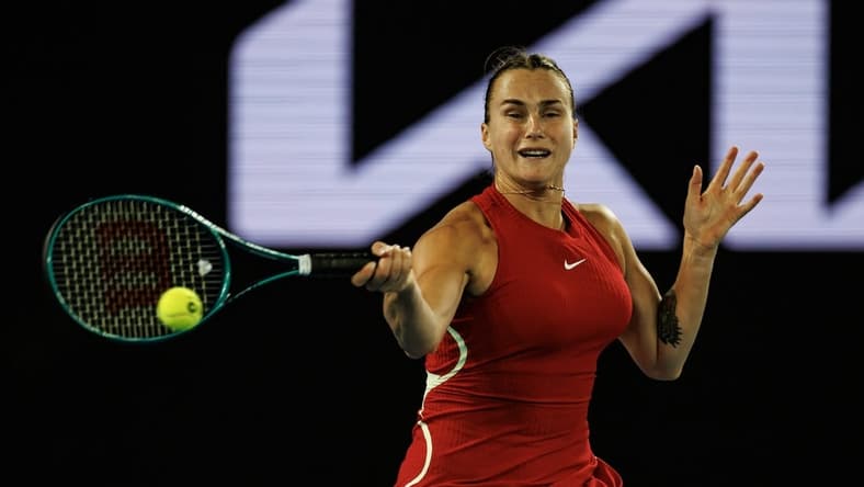 Jan 14, 2024; Melbourne, Victoria, Australia; Aryna Sabalenka of Russia hits a shot at the Australian Open. Mandatory Credit: Mike Frey-USA TODAY Sports