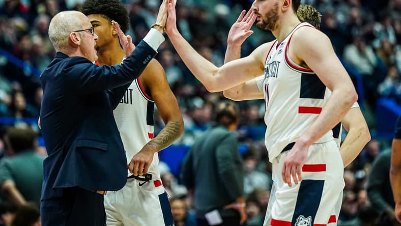 Jan 14, 2024; Hartford, Connecticut, USA; Connecticut Huskies head coach Dan Hurley reacts wi6h his players as they take on the Georgetown Hoyas at XL Center. Mandatory Credit: David Butler II-USA TODAY Sports