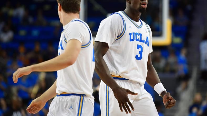 January 14, 2024; Los Angeles, California, USA; UCLA Bruins forward Adem Bona (3) reacts during the first half at Pauley Pavilion. Mandatory Credit: Gary A. Vasquez-USA TODAY Sports