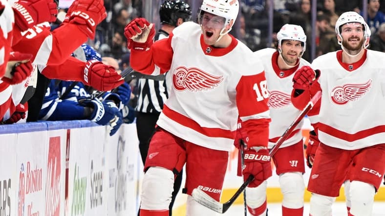 Jan 14, 2024; Toronto, Ontario, CAN;  Detroit Red Wings forward Andrew Copp (18) celebrates after scoring against the Toronto Maple Leafs in the third period at Scotiabank Arena. Mandatory Credit: Dan Hamilton-USA TODAY Sports