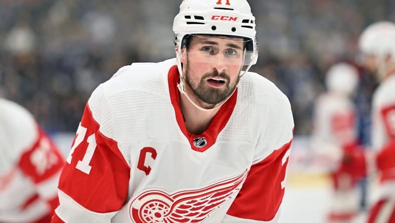 Jan 14, 2024; Toronto, Ontario, CAN; Detroit Red Wings forward Dylan Larkin (71) prepares to take a faceoff against the Toronto Maple Leafs in the second period at Scotiabank Arena. Mandatory Credit: Dan Hamilton-USA TODAY Sports