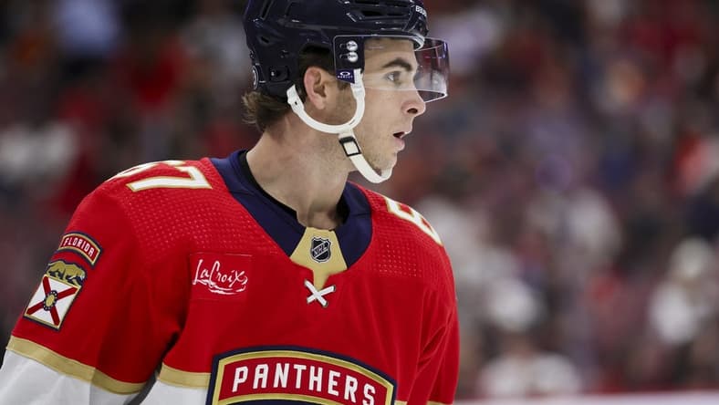 Jan 15, 2024; Sunrise, Florida, USA; Florida Panthers right wing William Lockwood (67) looks on during the first period against the Anaheim Ducks at Amerant Bank Arena. Mandatory Credit: Sam Navarro-USA TODAY Sports