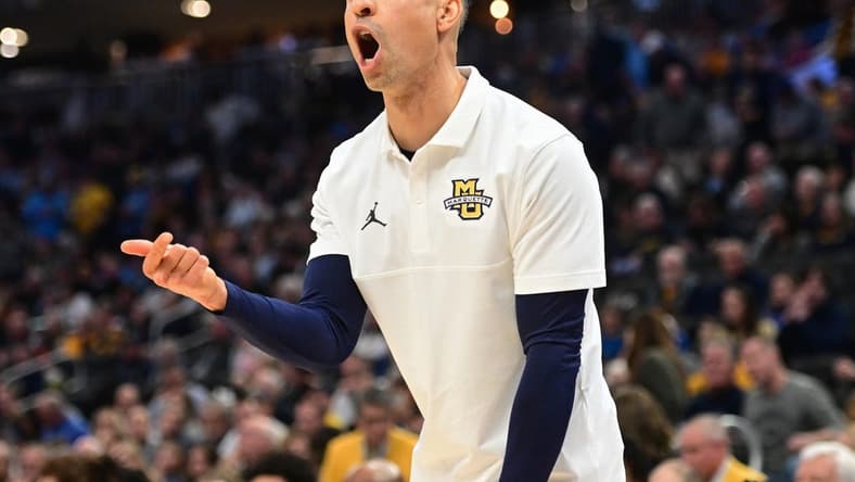 Jan 15, 2024; Milwaukee, Wisconsin, USA; Marquette Golden Eagles head coach Shaka Smart reacts in the second half against the Villanova Wildcats at Fiserv Forum. Mandatory Credit: Benny Sieu-USA TODAY Sports