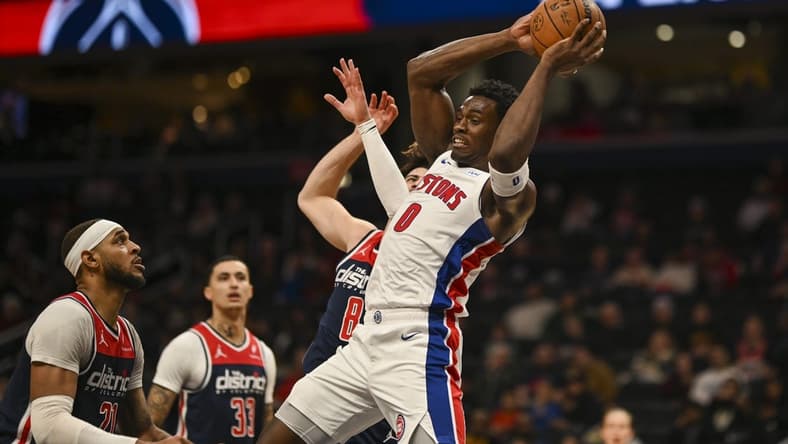 Jan 15, 2024; Washington, District of Columbia, USA; Detroit Pistons center Jalen Duren (0) looks to pass during the second half against the Washington Wizardsm at Capital One Arena. Mandatory Credit: Tommy Gilligan-USA TODAY Sports