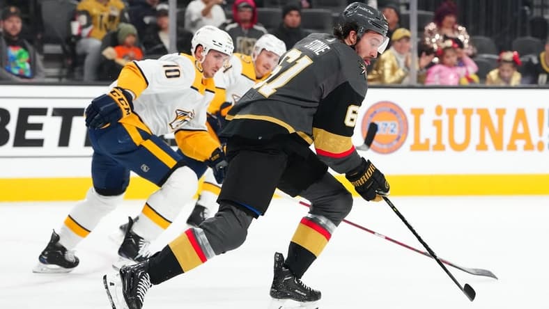 Jan 15, 2024; Las Vegas, Nevada, USA; Vegas Golden Knights right wing Mark Stone (61) skates against the Nashville Predators during the first period at T-Mobile Arena. Mandatory Credit: Stephen R. Sylvanie-USA TODAY Sports