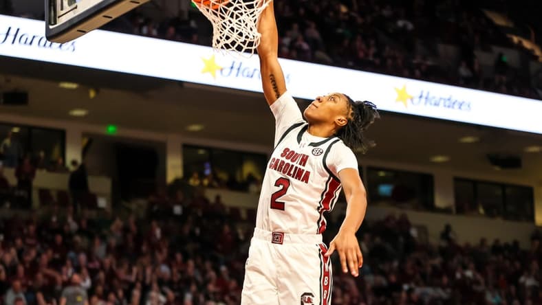 Jan 15, 2024; Columbia, South Carolina, USA; South Carolina Gamecocks forward Ashlyn Watkins (2) dunks against the Kentucky Wildcats in the first half at Colonial Life Arena. Mandatory Credit: Jeff Blake-USA TODAY Sports