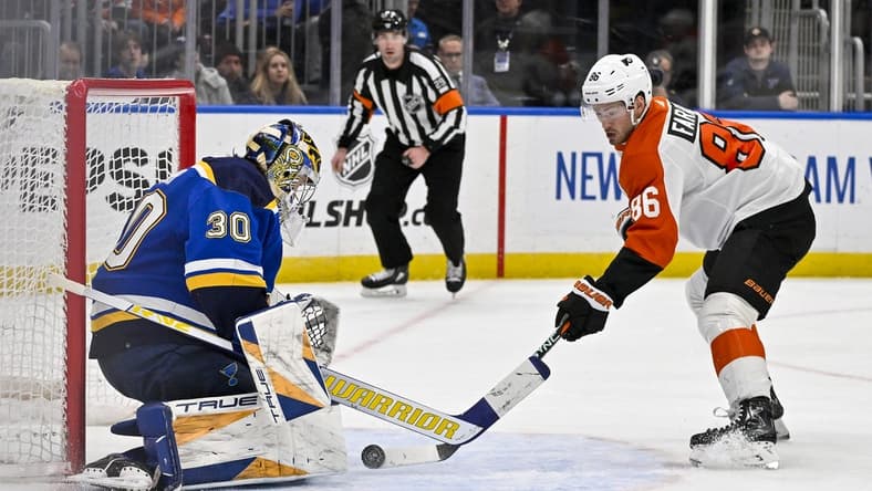 Jan 15, 2024; St. Louis, Missouri, USA; Philadelphia Flyers left wing Joel Farabee (86) shoots against St. Louis Blues goaltender Joel Hofer (30) during the first period at Enterprise Center. Mandatory Credit: Jeff Curry-USA TODAY Sports