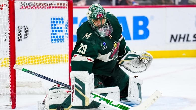 Jan 15, 2024; Saint Paul, Minnesota, USA; Minnesota Wild goaltender Marc-Andre Fleury (29) makes a save during the third period against the New York Islanders at Xcel Energy Center. Mandatory Credit: Brace Hemmelgarn-USA TODAY Sports