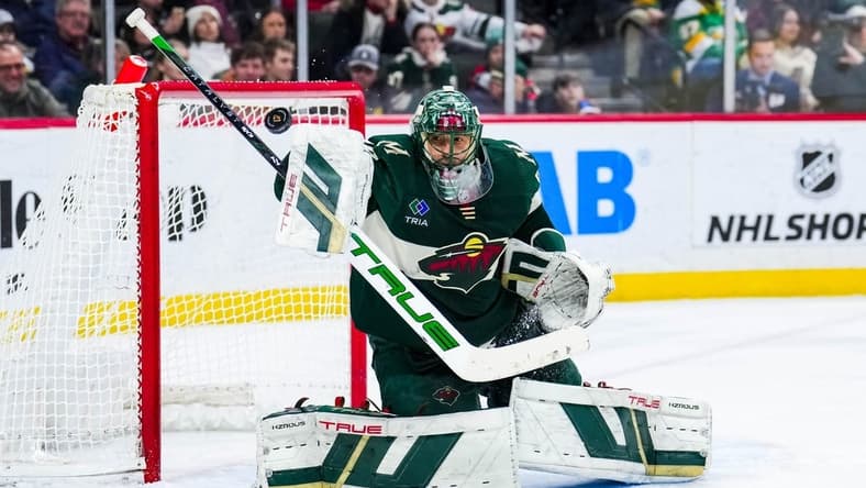 Jan 15, 2024; Saint Paul, Minnesota, USA; Minnesota Wild goaltender Marc-Andre Fleury (29) makes a save during the third period against the New York Islanders at Xcel Energy Center. Mandatory Credit: Brace Hemmelgarn-USA TODAY Sports
