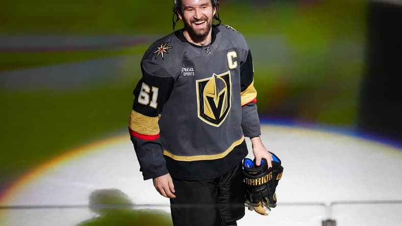 Jan 15, 2024; Las Vegas, Nevada, USA; Vegas Golden Knights right wing Mark Stone (61) celebrates after being named First Star of the Game after the Golden Knights defeated the Nashville Predators 4-1 at T-Mobile Arena. Mandatory Credit: Stephen R. Sylvanie-USA TODAY Sports