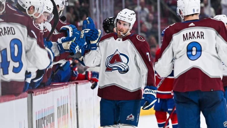 Jan 15, 2024; Montreal, Quebec, CAN; Colorado Avalanche defenseman Devon Toews (7) celebrates his goal against the Montreal Canadiens with his teammates at the bench during the third period at Bell Centre. Mandatory Credit: David Kirouac-USA TODAY Sports
